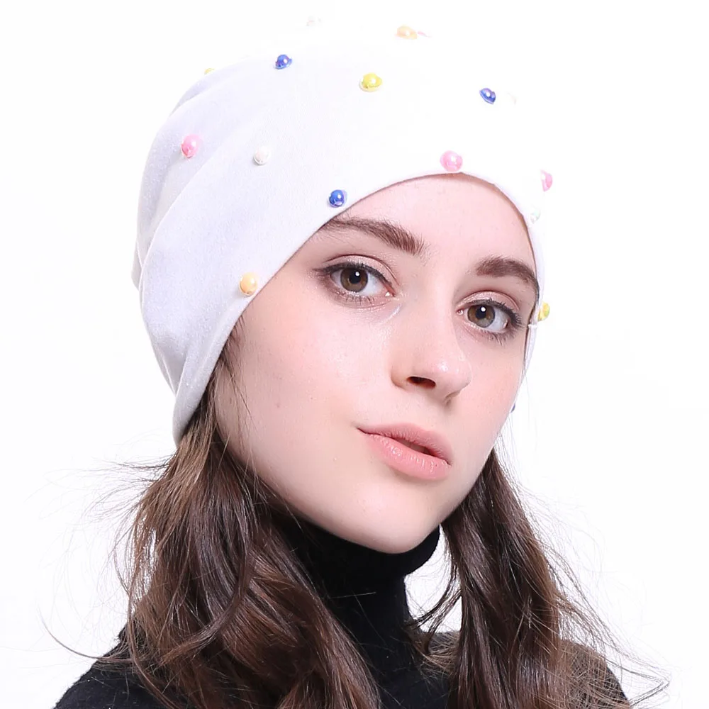 Geebro New Women's Beanie Hat 2020 Autumn Multicolor Pearl Slouchy Skullies Beanies for Female Womens Plain Balaclava Bonnet