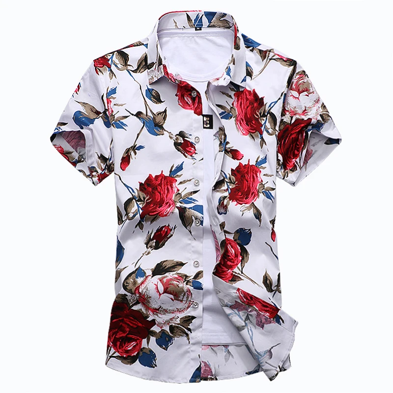 M-7XL New Summer Fashion Mens Shirt Slim Fit Short Sleeve Floral Shirt Mens Clothing Cotton Plus Size Mens Casual Flower Shirts