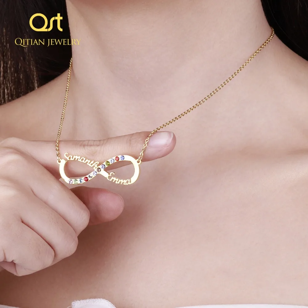 

Qitian Infinity Name Necklace Cristal Gold Color Stainless Steel Choker Zirconia Custom Necklaces Infinity Pendant Women Gift