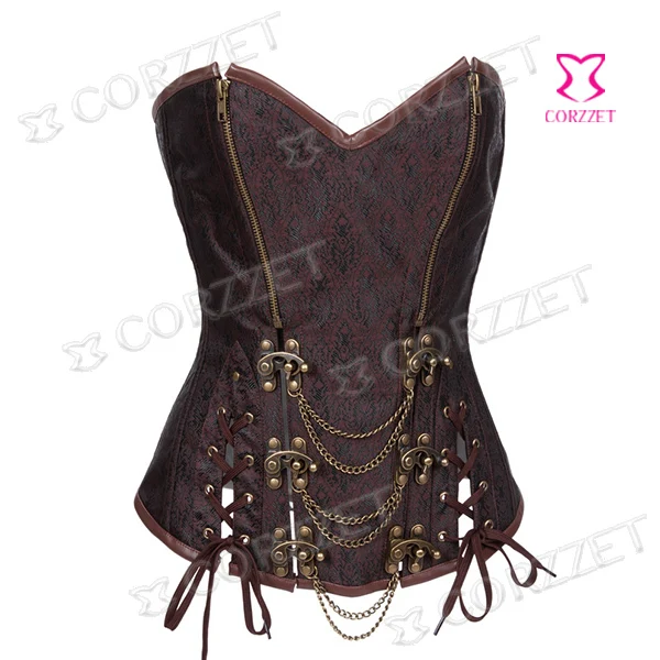 Female Latex Waist Traininng Brown Vintage Ring Buckle&Zipper Steel Boned Steampunk Corset Top Women Gothic Corsets And Bustiers