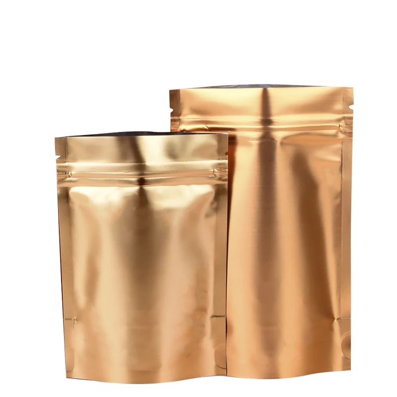 100Pcs/Lot Gold Stand Up Aluminum Foil Packaging Bags Self Seal Ziplock Food Storage Doypack Reclosable Zipper Party Pouches