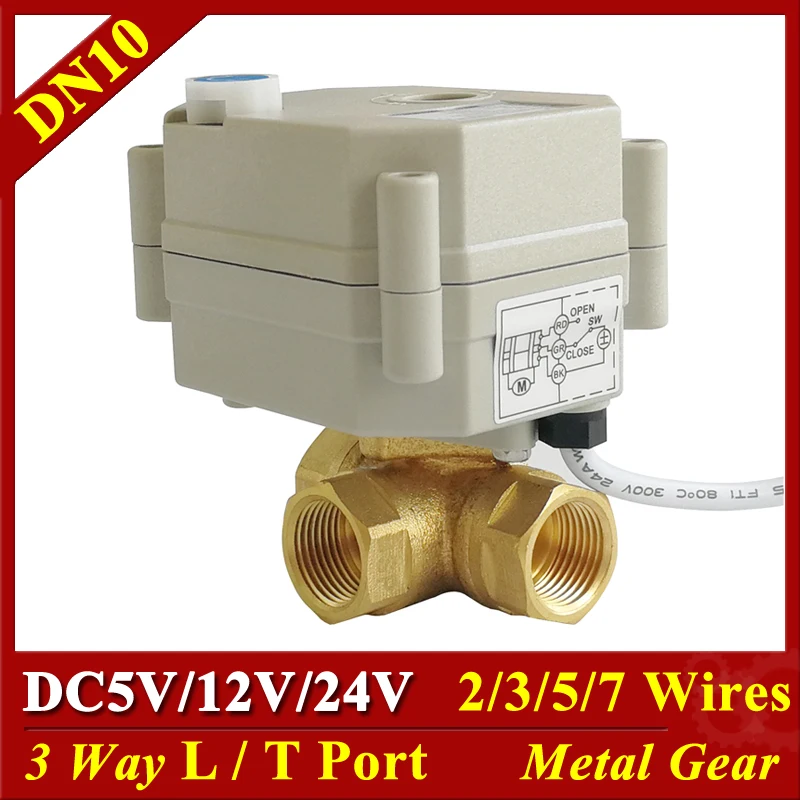 

Tsai Fan DC5V 12V 24V Electric Valve 3 Way Brass DN10 3/8'' Horizontal T/L Port Electrovalve 2/3/5/7 Wires Metal Gears CE IP67