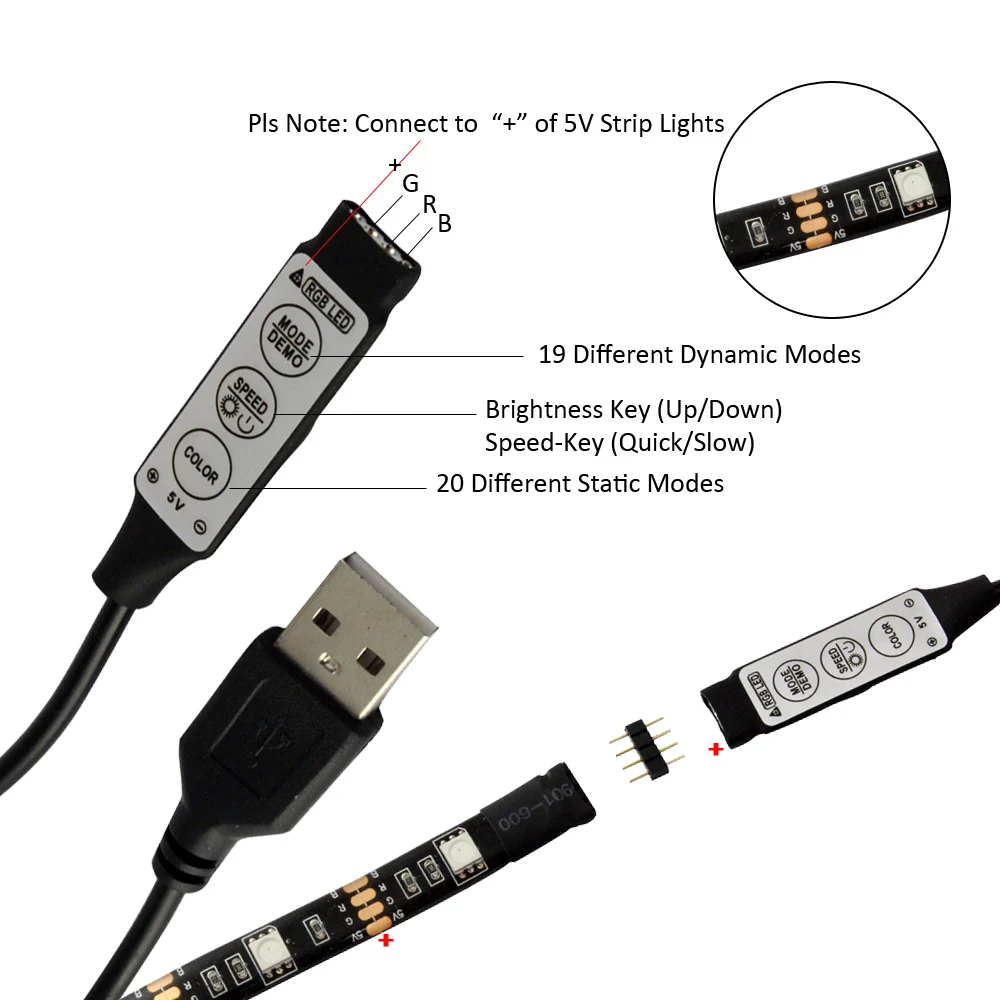 USB RGB LED Controller 5V DC Mini 3 Keys with 1M USB Cable for 5V RGB LED Strip Light 4 PIN LED Controller USB