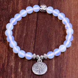 Tree Life Buddha Beads Bracelet Charm Elastic White Moonstone Natural Stone  Strand Bracelet Women Bracelet Men Jewelry