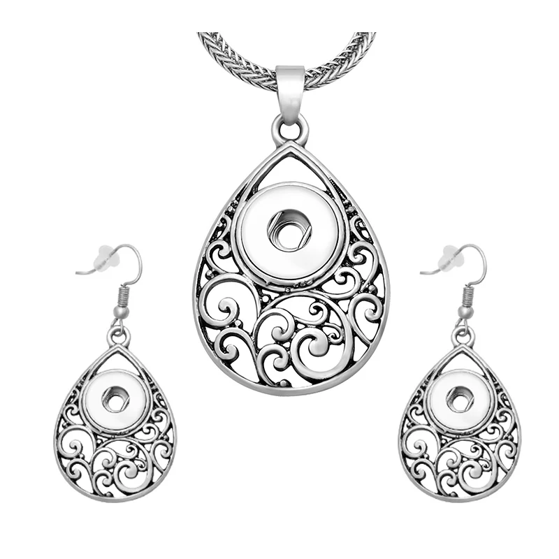 New DJ0099 Beauty Vintage Drop Hollow pattern snap necklace&earring set fit DIY 12MM snap buttons jewlery