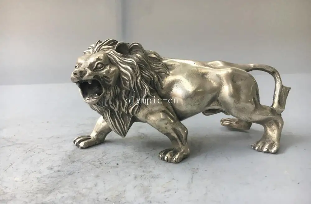 6'' tibetan bronze silver carved beast animal fierce leopard statue