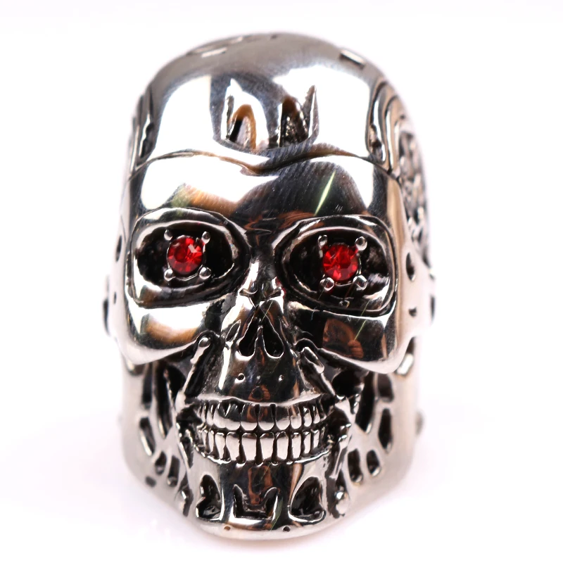 RJ Game Film Terminator Mask Skull Cool Men Rings Retro High Quality Steampunk Biker Skeleton Red Crystal Ring Jewelry