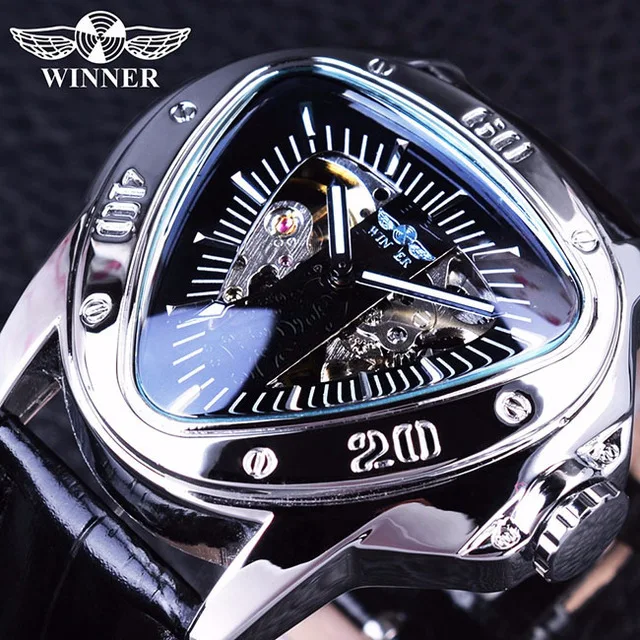 Winner Brand Hollow Automatic Mechanical Men Watch Racing Sports Design Triangle Dial Skeleton Wristwatch Luxury Golden Black