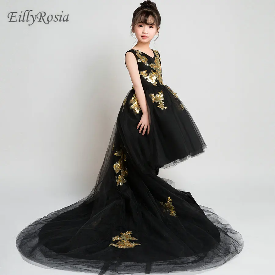 Gold Appliques Black Flower Girls Dresses for Wedding Party Long Train Tulle Beautiful High Low Girls Pageant Party Gowns Kids