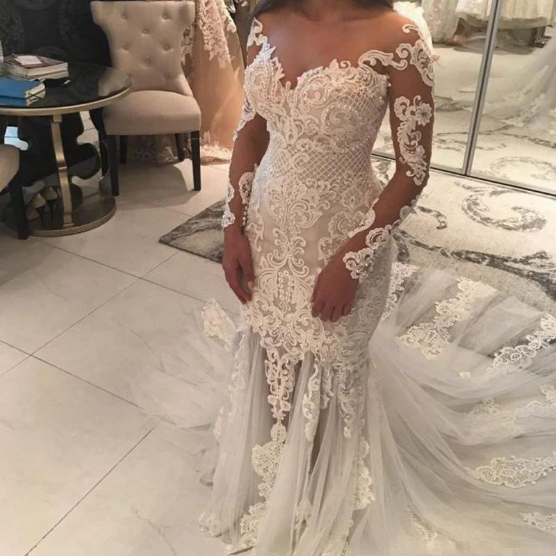 2021 Sexy Mermaid Wedding Dresses Long Lace Appliques Pearls Beaded Illusion Long Sleeves See Through Tulle Plus Size