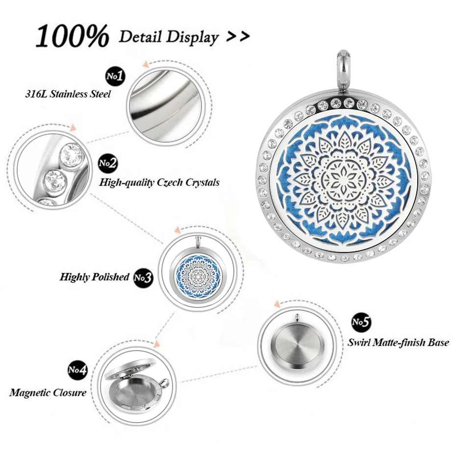 25mm 30mm magnetic essntial oil necklace for women 316L stainless steel aromatherapy pendant diffuser necklace (free with 5pads)