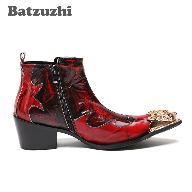 

Batzuzhi Italian Type Men Boots Wine Red Genuine Leather Men Short Boots Golden Metal Toe Nightclub Stage Shoes 6cm High Heels