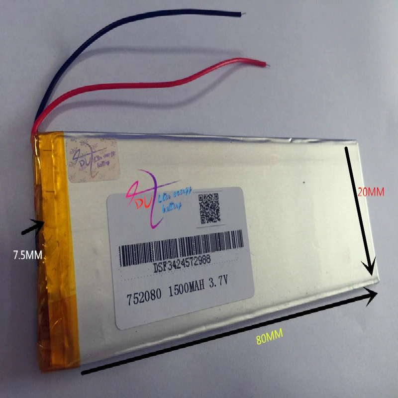 Wholesale 10 pcs 3.7V 1500mAh 752080 Lithium Polymer Li-Po Rechargeable DIY Battery For PAD GPS  Vedio Game E-Book Tablet PC