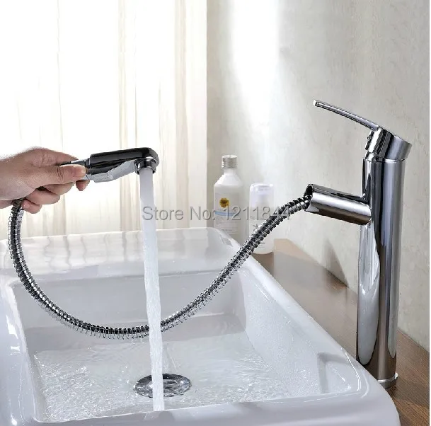 

Free Shipping NEW Chrome Pull out Bathroom Faucet Single Hole deck mounted torneiras banheiro bath mixer Sink Mixer Tap