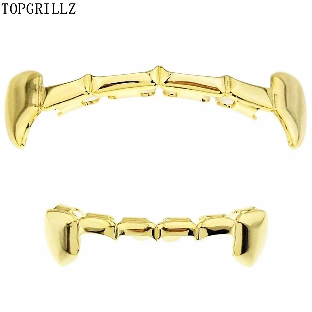 TOPGRILLZ Gold Fang Grillz Set Goldn Color Plated Half Teeth Dracula Vampire Slim Grills Gold Top&Bottom Sets Hiphop Gold grillz