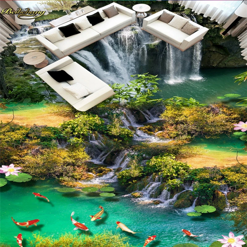 beibehang Custom Photo 3D Floor Painting Wallpapers Flowing Water Treasure Lotus Carp Waterfall 3D 3D Painting Flooring