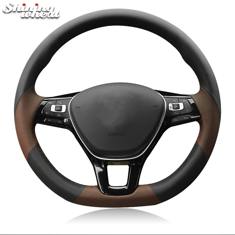 

Shining wheat Black Coffee Leather Steering Wheel Cover for Volkswagen VW Passat B8 Golf 7 Mk7 New Polo Jetta