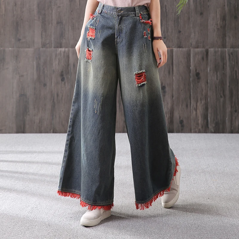 Free Shipping 2021 Fashion Wide Leg Ankle Length Pants Women Trousers Denim Jeans Elastic Waist Casual Stripe Patchwork Pants