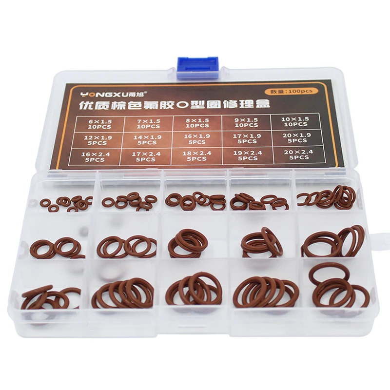 100pcs Brown FKM O Rings Washer Rubber Sealing O-rings Assortment 15Size Oring Seal Kit Flexible Gasket Set Box Oil Ring