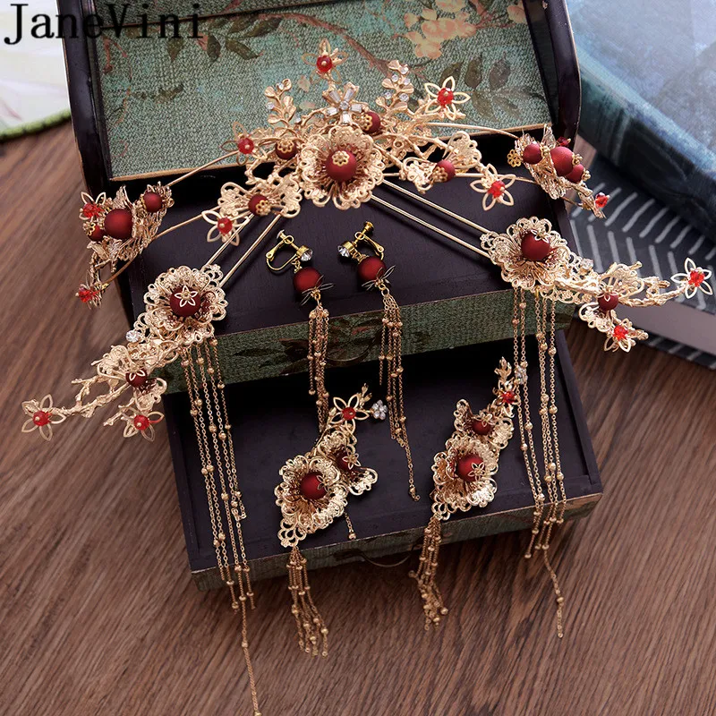 

JaneVini Vintage Hair Clip for Women Wedding Chinese Bridal Hair Sticks Earrings Set Heaband Bride Photography Pageant Hairwear