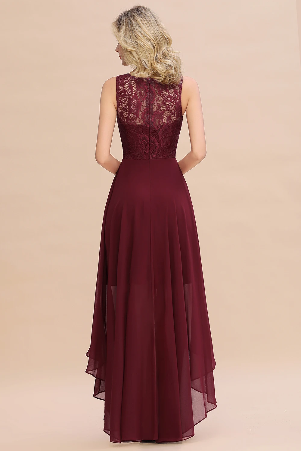 Burgundy Chiffon Long Evening Dress 2019 High Low Formal Party Gown Scoop Neck Sleeveless Lace Flower robe de soiree