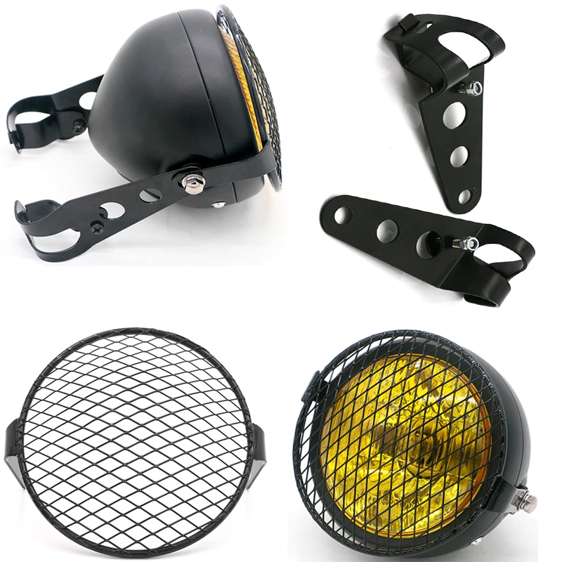 

Motorcycle Fashion Net Headlight Scooter DC 12V Headlamp Motorbike Retro Head Lamp Motor Black Front Light Moto Round Spotlight