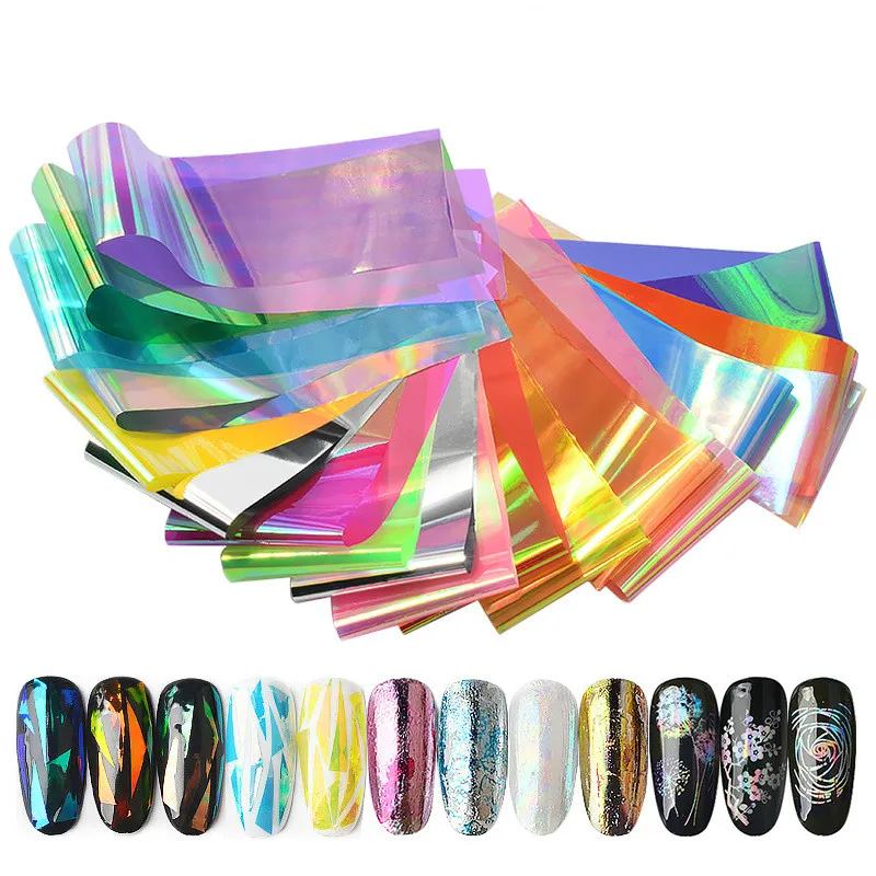 

20pieces Holographic Nail Foil Sticker Set 4*20cm Transparent AB Color Transfer Sticker Manicure Nail Art Decals