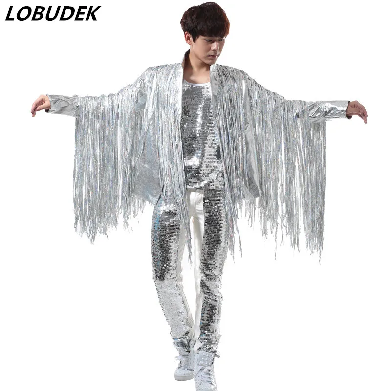 Men Silver Sequins Tassel Jacket Vest Pants 3 Piece Suit Tide Male Hip-hop Stage Costume Nightclub Rock Punk DJ Performance Set