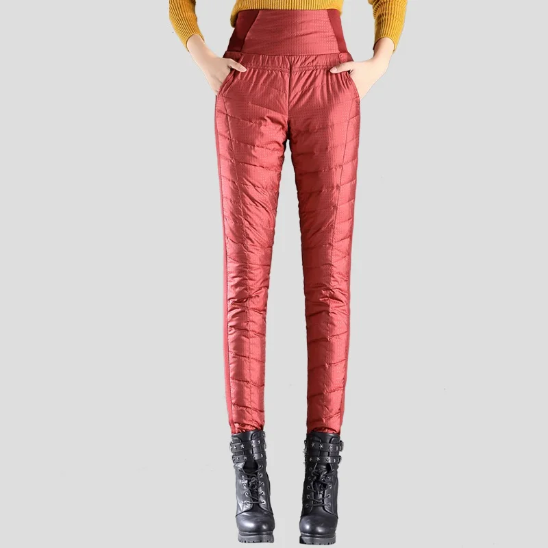 

Women Down Pants Winter High Waist Skinny Elastic Pencil Pants Lady Slim Warm Thick Double Face 80% Duck Down Trousers PT-252