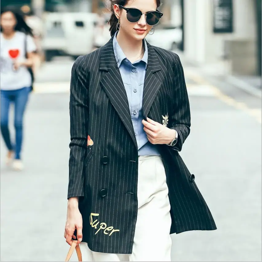 High quality women striped pattern blazer coat long sleeve casual suit personality double-breasted longer outwear wq937