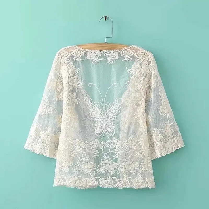 Thin summer short cardigan fashion ladies knitted sweater sun-proof cover up cute flower butterfly embroidered lace cardigan