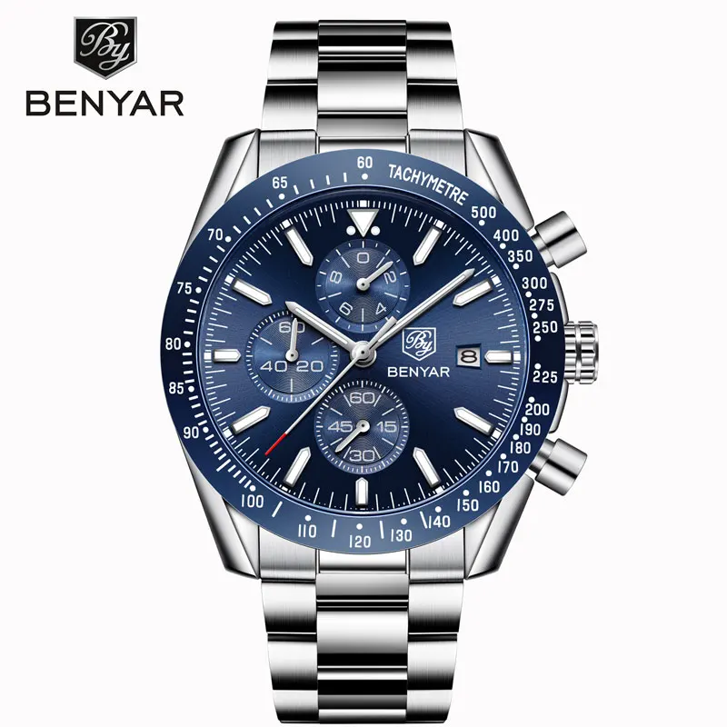 BENYAR 2024 New Luxury Quartz Watch For Men Unique Design Waterproof Shockproof Stainless Steel Strap Watch Sports Chronograph