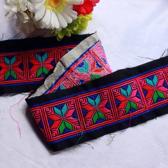 1yard Hmong Embroidery Lace Sewing Trim 10cm Miao Dress Collar Ribbon Tape Webbing Ethnic Tribal Thai Lao Boho DIY Slavic Decor
