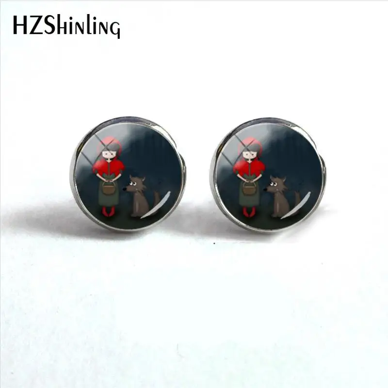 2018 New Whimsical Little Red Riding Hood Earring Girl And Wolf Ear Stud Round Glass Dome Earrings Color Photo Jewelry HZ4