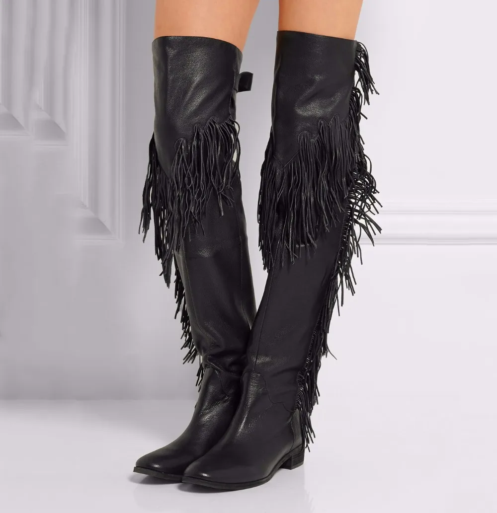 Women Black Brown Flat Tassel Over Knee High Boots 2021 Ladies Winter Shoes Low Block Heel Thigh High Boots Plus Size Wholesale