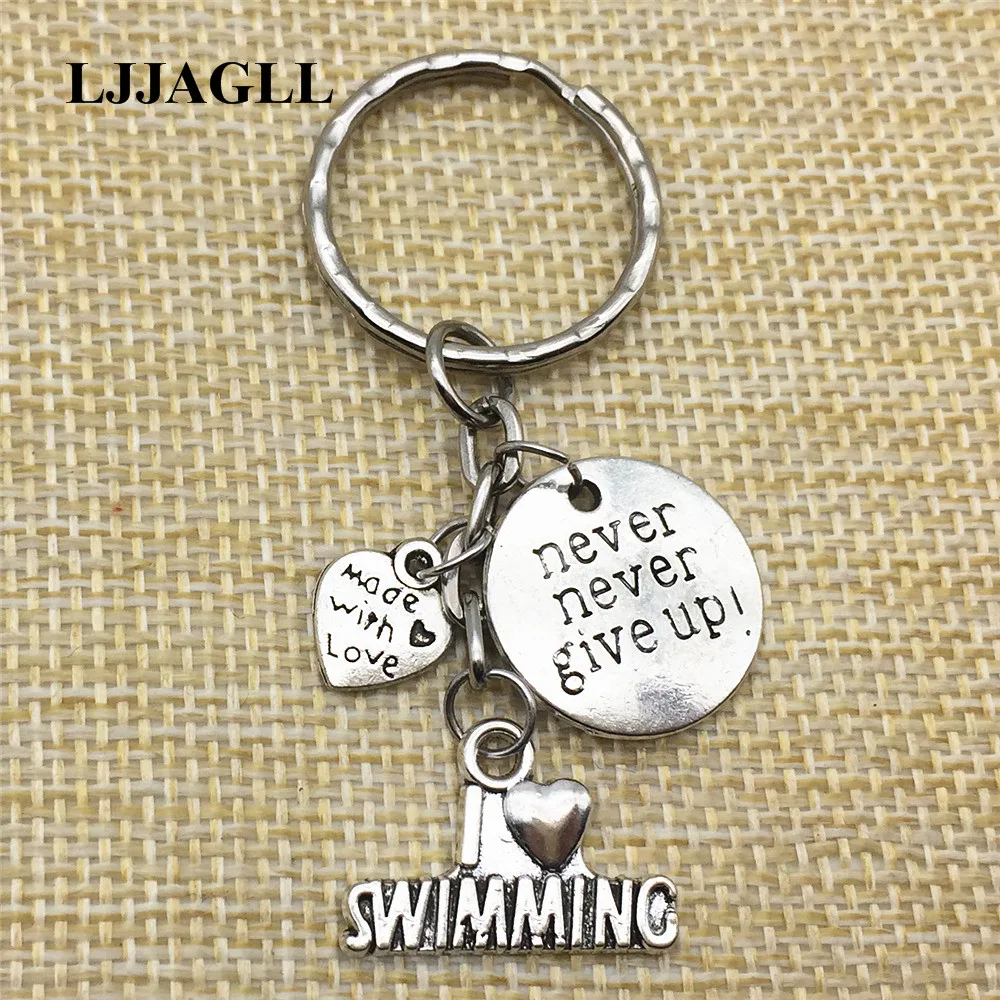 Trinket Silver Plated 2pcs Never Give Up Swimming Love Key Chains