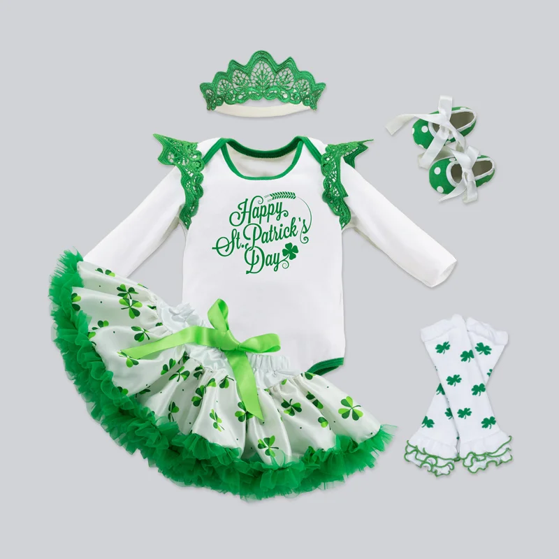 ST Patrick's Day Costume Baby Girls Outfit Bebe Kids Lace Romper Tutu Jumpsuit Overall Children Baby Infant Clothing 2PCS White