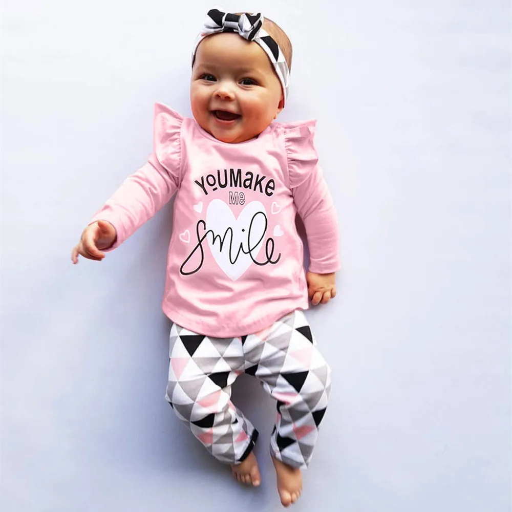 2023 FALL Newborn Baby Girls Clothes Set You make me smile T-Shirt +Striped Pants 3PCS Newborn Baby Clothing Outfits 0-24 Months