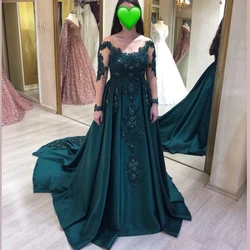 2019 Dark Green Prom Dresses With Long Sleeves Appliques Beaded Special Occasion Party Dress Chapel Train Royal Formal Prom Gown