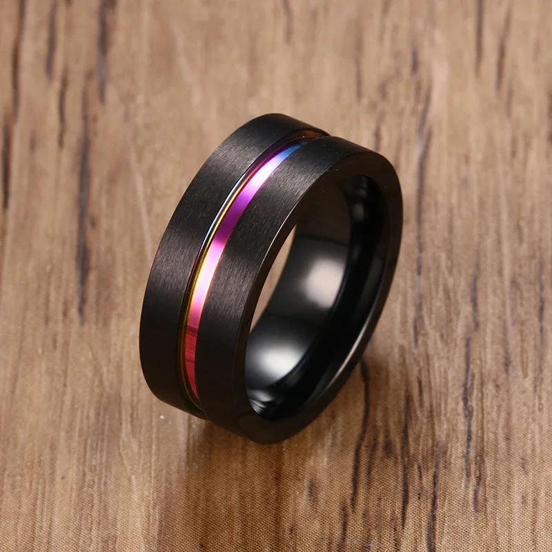 Black Silver Color Stainless Steel Rings for Men Rainbow Thin Line Rings Wedding Band Male Alliance Jewelry 8mm