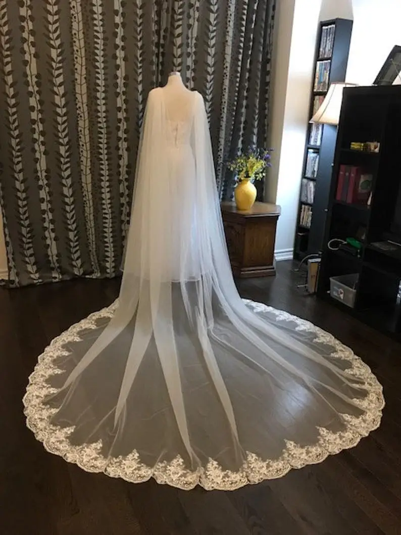 Capa de renda branca/marfim com renda, véu de casamento com capa regulável de 108 "x 120" (3 m), corte de fundo com renda