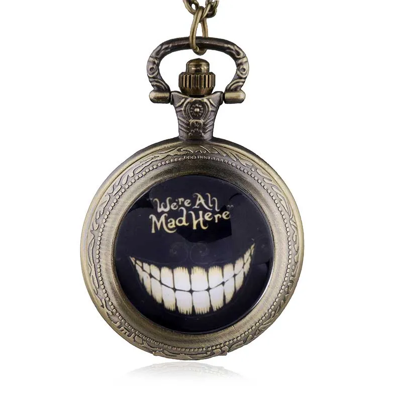 New Alice in Wonderland We're All Mad Here Quartz Pocket Watch Analog Pendant Necklace Mens Womens Gift