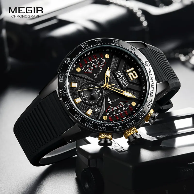 MEGIR Men\'s Army Sport Quartz Watches Silicone Band Chronograph Waterproof Luminous Wristwatch Man Relogios Masculino 2106 Black