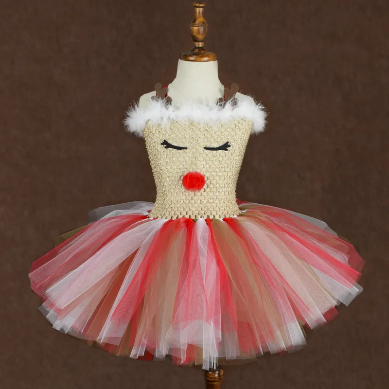 Christmas Tutu Dress for Girls New Year Party Reindeer Costume Baby 1st Christmas Dresses Unicorn Headband Outfit 1-12Y