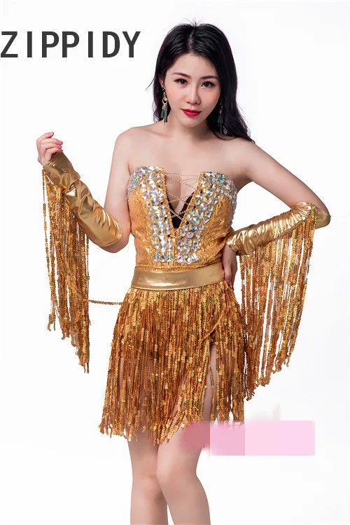 New Sexy Gold Bright Sequins Tassel Bandage Strapless Bodysuit Nightclub Female Singer Bar Ds Stage Performance Unique Costume