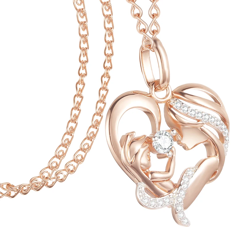 FJ Women  585 Rose Gold Color Mother Baby Shaped Cubic Zircon Heart Pendant Gift + Optioanl Necklace Chains Jewelry