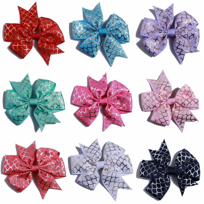 60PCS 8CM Newborn Fish Scale Hair Bow For Headbands Grosgrain Ribbon Bows For Hair Clips