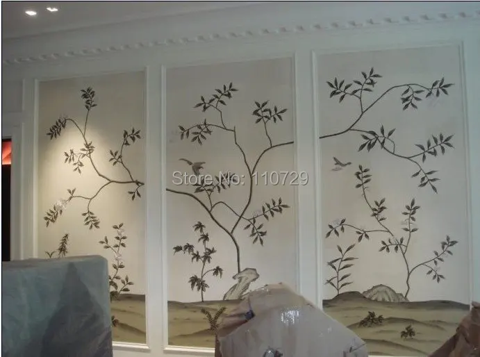 Papier peint en soie peint à la main avec fleurs et oiseaux, nombreuses images en option, matériel de décoration pour la maison