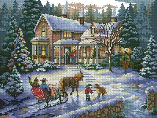 Needlework,DIY DMC Cross stitch,Set For Embroidery kit,Scenic christmas celebration cabin Pattern Counted Cross-Stitch gift