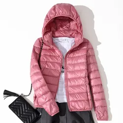 Chaqueta de plumón de pato para mujer, abrigo ultraligero con capucha, Parka corta de plumas finas empaquetable, D183, 2019